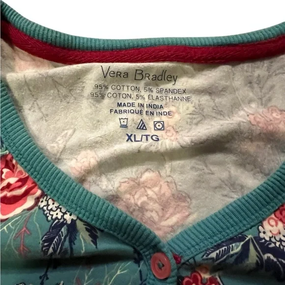 Vera Bradley Floral V-Neck Warm Sleep Shirt XL - Teal and Pink - Picture 3 of 5